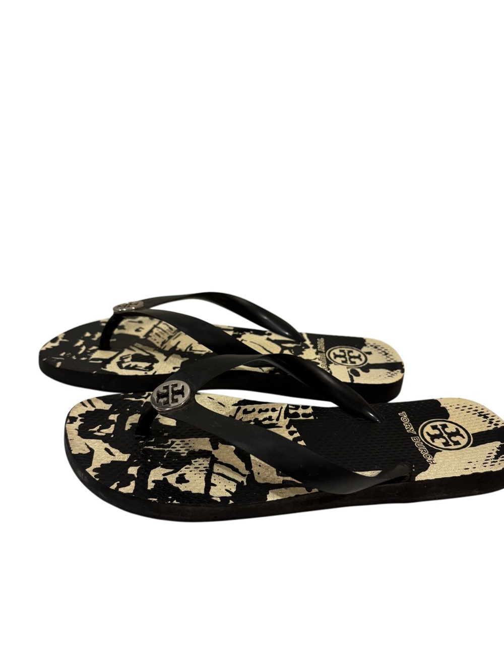 Tory Burch Kira Black and Beige Logo Print Flip Flops